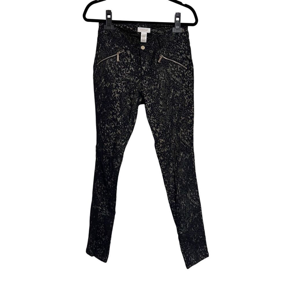 Cache Pants Womens Size 6 Brown Gold Skinny Shimmer Zip Pockets Textured Stretch